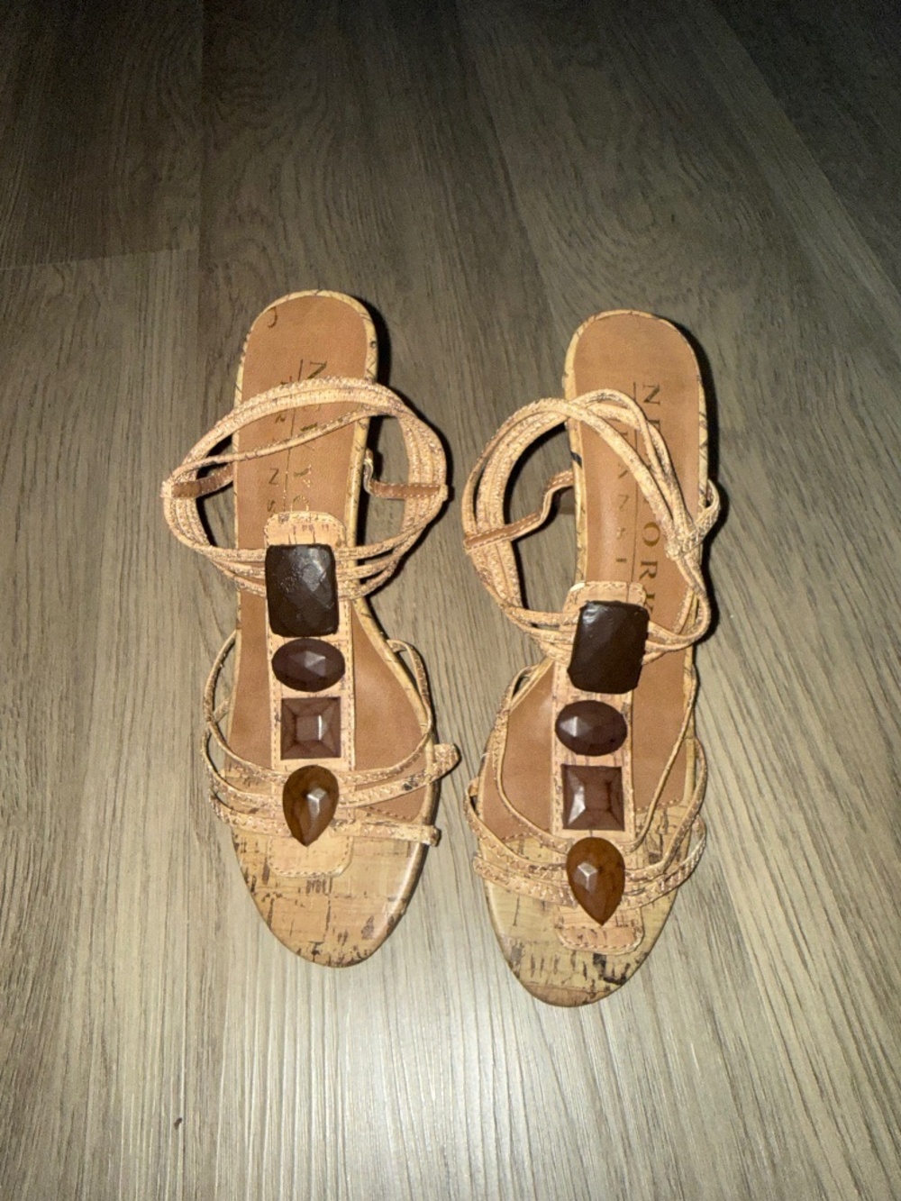 New York Transit Cork Look Jeweled Strappy Heels Y2K Boho Sandals Size 6